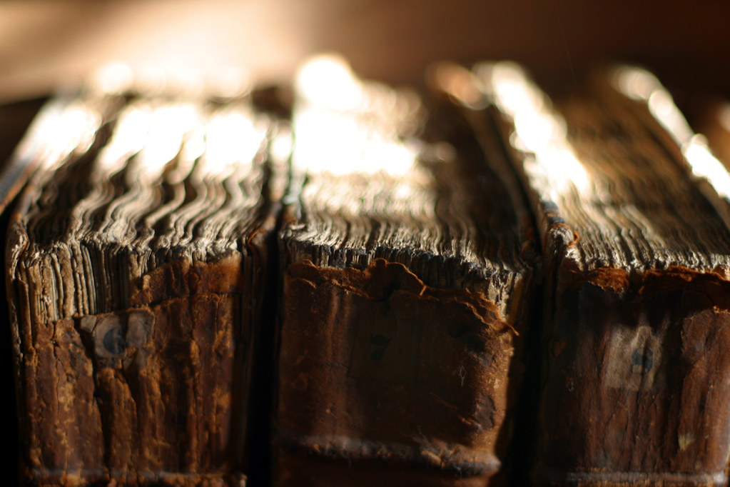 Old worn book spines in warm low light