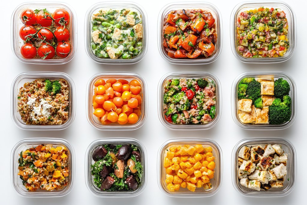 Twelve glass meal prep containers filled with cooked proteins, grains and vegetables