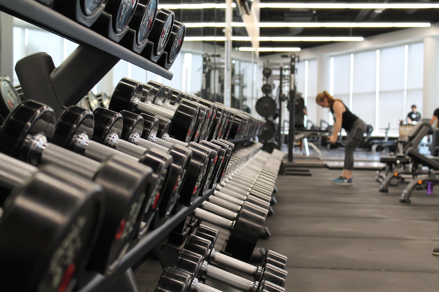 A rack of dumbbells in a gym